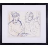 Robert Lenkiewicz (1941-2002) 'Two Figures' pen and ink sketch, signed, 24cm x 29cm, framed and