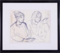 Robert Lenkiewicz (1941-2002) 'Two Figures' pen and ink sketch, signed, 24cm x 29cm, framed and