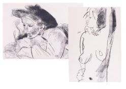 Two charcoal drawings, portrait studies, monogrammed, un-framed, 43cm x 60cm.