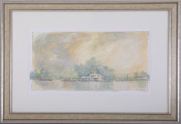 Terry McKivragan (1929 - 2012) 'Temple Island, Henley, July', signed, watercolour, 24cm x 44cm,