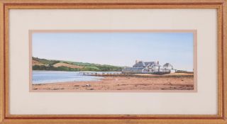 J.C.Skinner, watercolour, river scene, 12cm x 32cm, framed and glazed.