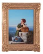 Unsigned, oil on board, 'Country girl with basket leaning on a wall', 29cm x 20cm, in a gilt frame