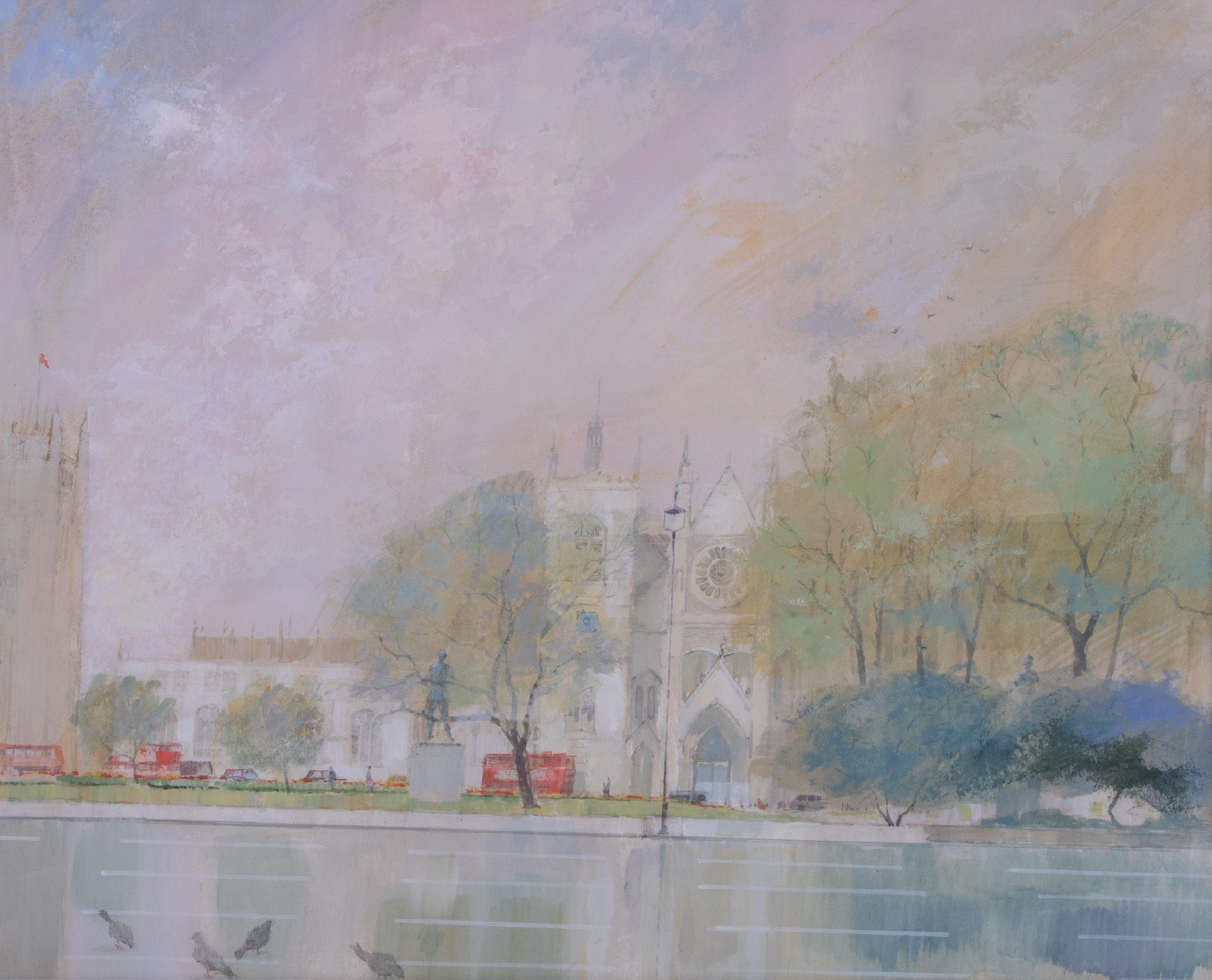 Terry McKivragan (1929 - 2012) 'Parliament Square' watercolour with body colour, indistinctly - Image 2 of 2