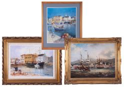 Two Plymouth pictures including Terry Burke oil on canvas 'Barbican', Richard Slater print of the