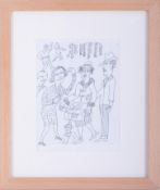 Fred Yates (1922-2008) black pen sketch 'Figures', 18cm x 14cm, signed to reverse, framed and