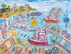 Sean Hayden (contemporary West Cornwall artist) 'Newlyn Harbour, Summer', oil on canvas, 72cm x
