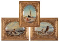 Set of three reproduction paintings in ornate gilt mounts, 39cm x 28cm.