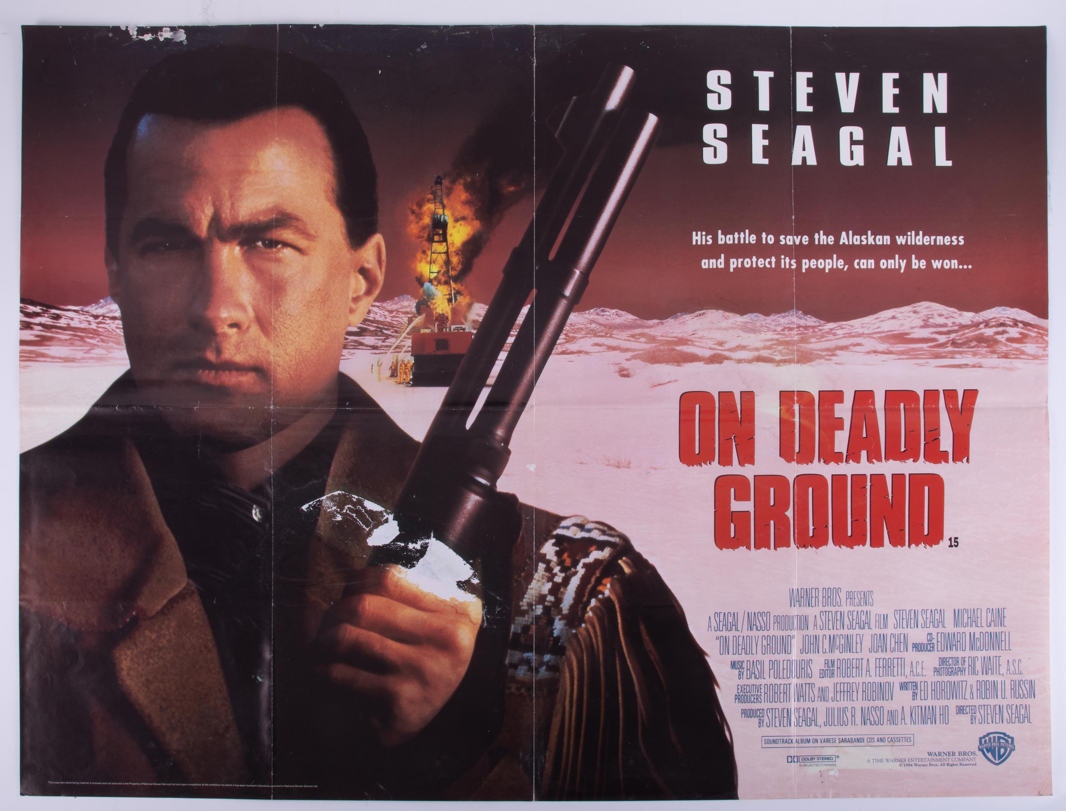 Cinema Poster for the film 'On deadly ground' featuring Steven Seagal (tape marks). Provenance: