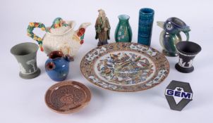 An Oriental porcelain plate, Clarice Cliff Celtic Harvest teapot (damaged) and other pottery.