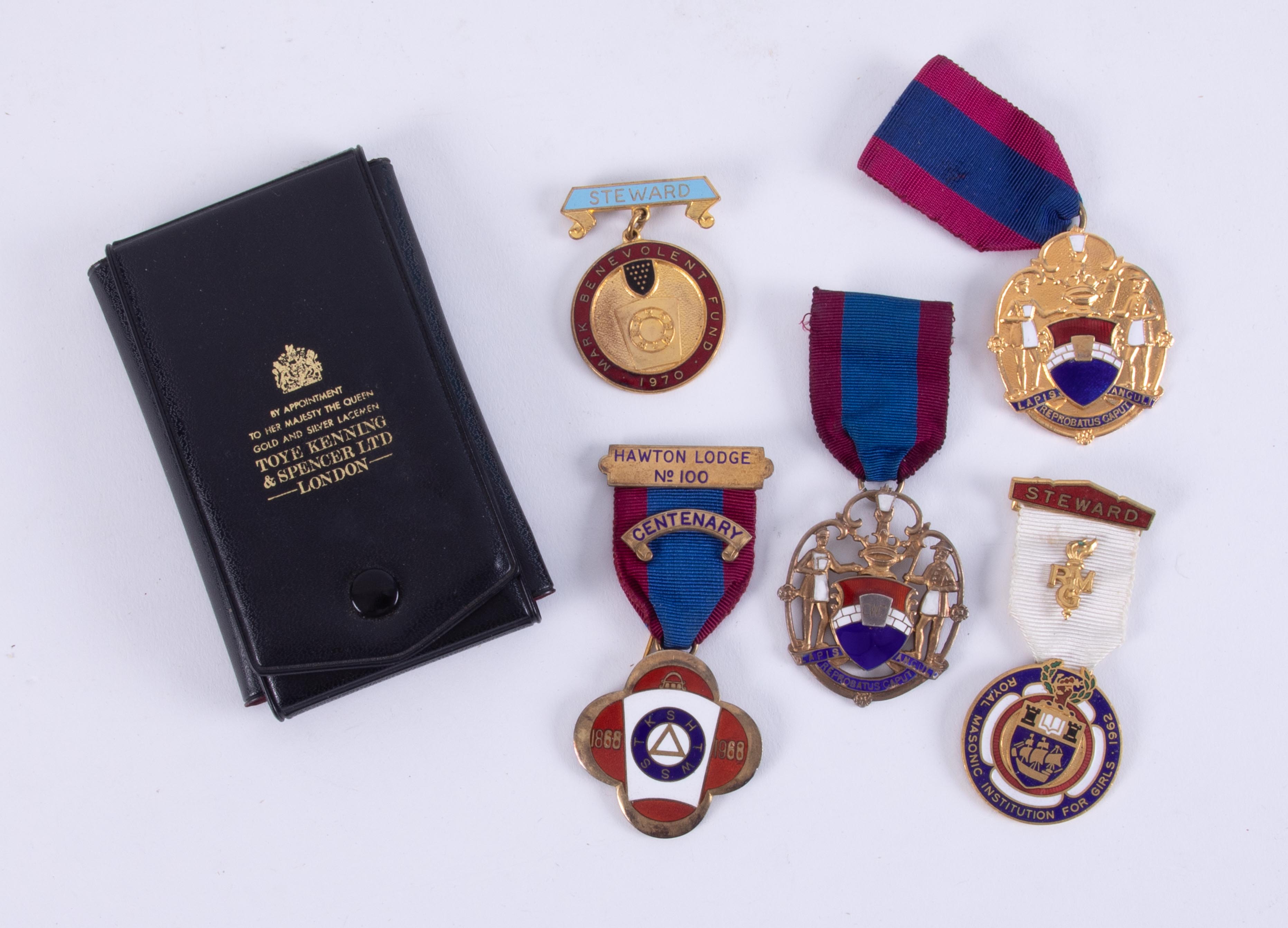 A collection of Masonic jewels, two silver gilt medals including Hawton Lodge 100.