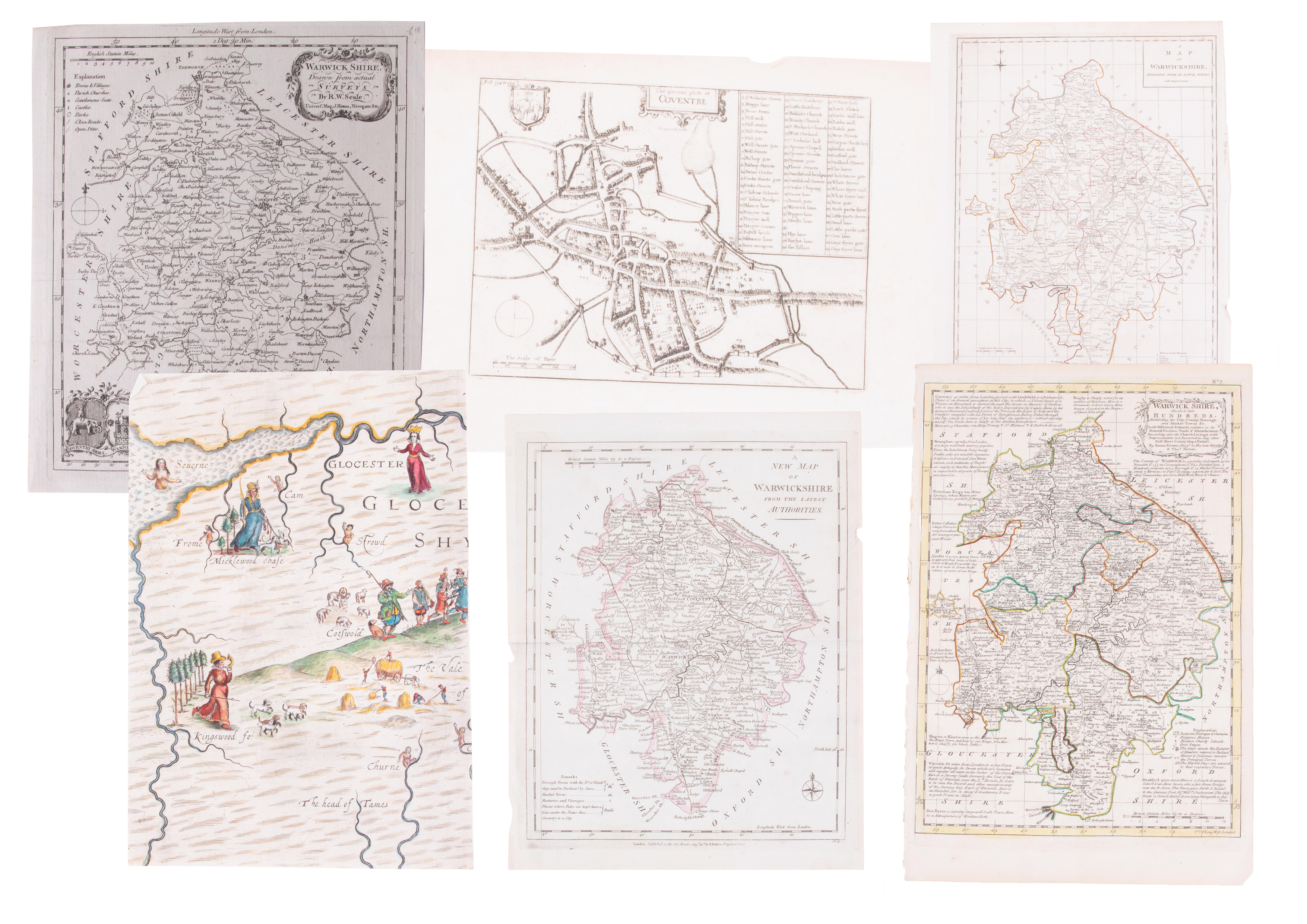 Six various unframed maps of Warwickshire including R.W.Seale, Warwickshire, Emam Bowen,