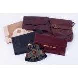 Six vintage bags to include a Saxone beaded clutch, Jane Shilton burgundy leather