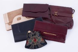 Six vintage bags to include a Saxone beaded clutch, Jane Shilton burgundy leather