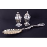 A pair of classic design Victorian silver salt & pepper pots, (2.75oz), together with a ornate