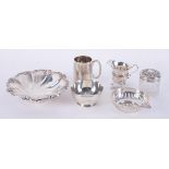 Six various silver items including pierced dish, Victorian silver and engraved christening