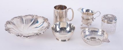 Six various silver items including pierced dish, Victorian silver and engraved christening