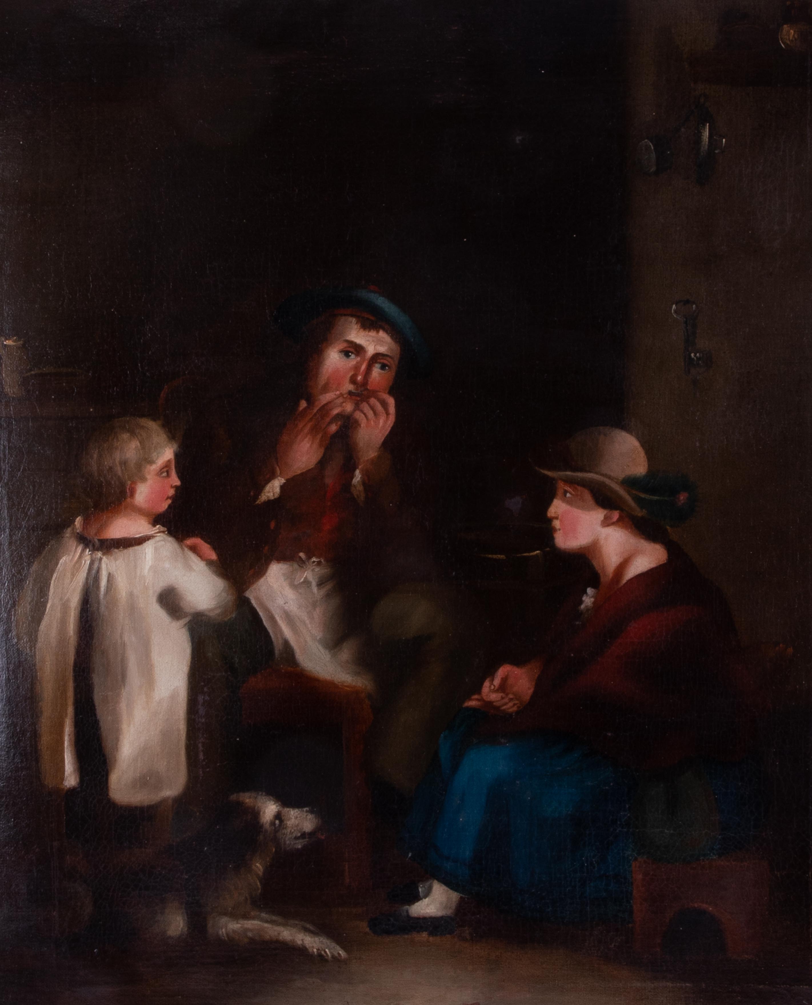 Irish School?, oil on canvas, unsigned, interior scene, three figures and a dog seated in a cottage, - Image 2 of 8
