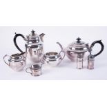 A four piece silver plated tea service, together with a three piece condiment set.