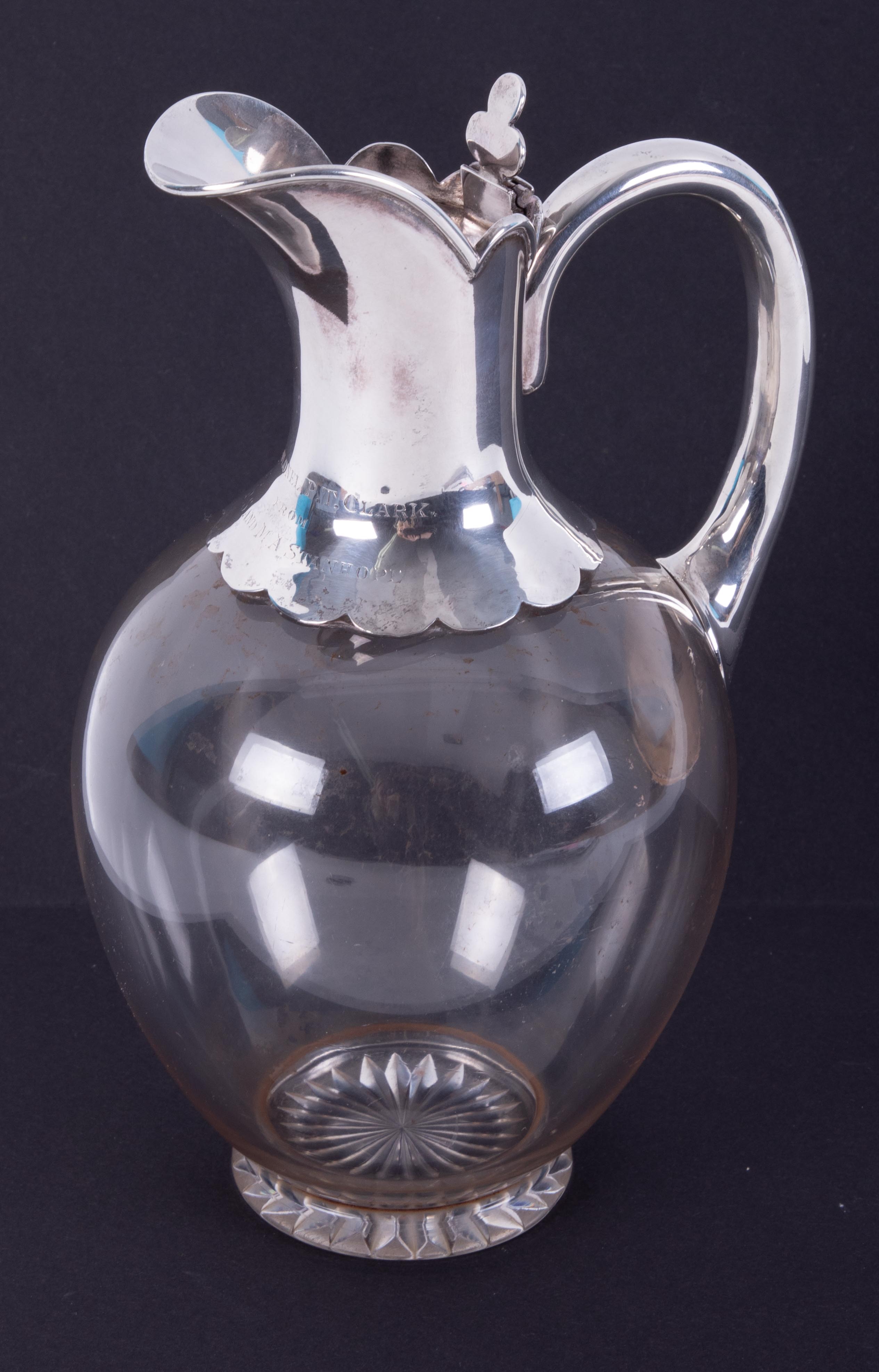A silver & glass claret jug, makers mark J.G & S with emblem engraved on the lid (no. 43), height