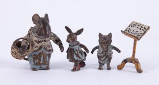 Beatrix Potter miniature bronze figures, (3) and a music stand, the tallest 30mm.