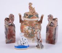 A Japanese Satsuma Koro together with a pair of Chinese soapstone carvings and two miniatures.