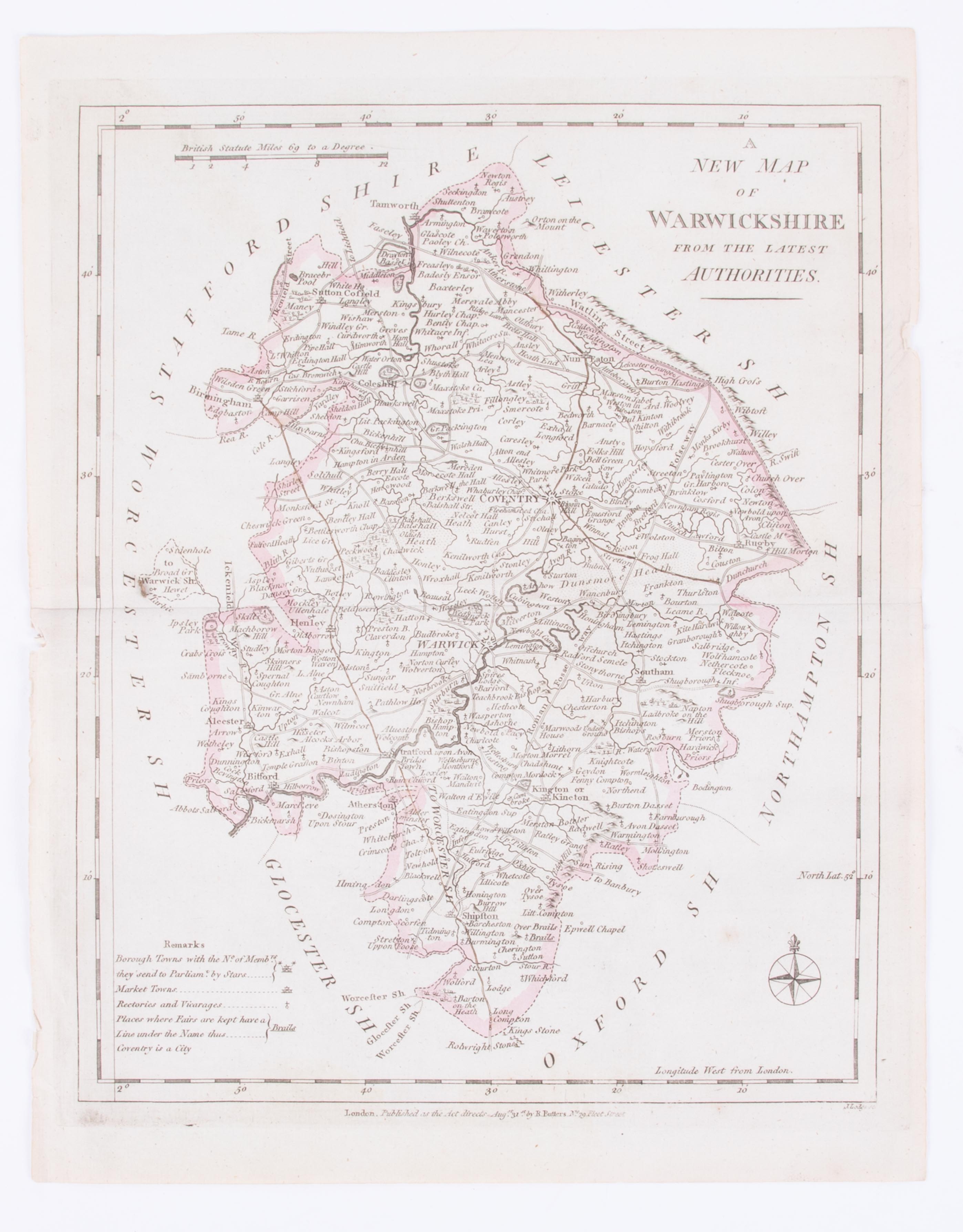 Six various unframed maps of Warwickshire including R.W.Seale, Warwickshire, Emam Bowen, - Image 6 of 7
