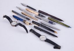 A collection of various pens including an Osmiroid left hand fountain pen, Parker pens, also a