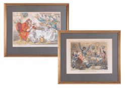 A pair of antiquarian politically humorous prints after J Gillray, one titled John Bull taking a