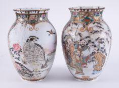 A pair of Oriental porcelain vases decorated with figures and exotic birds with a signed base,