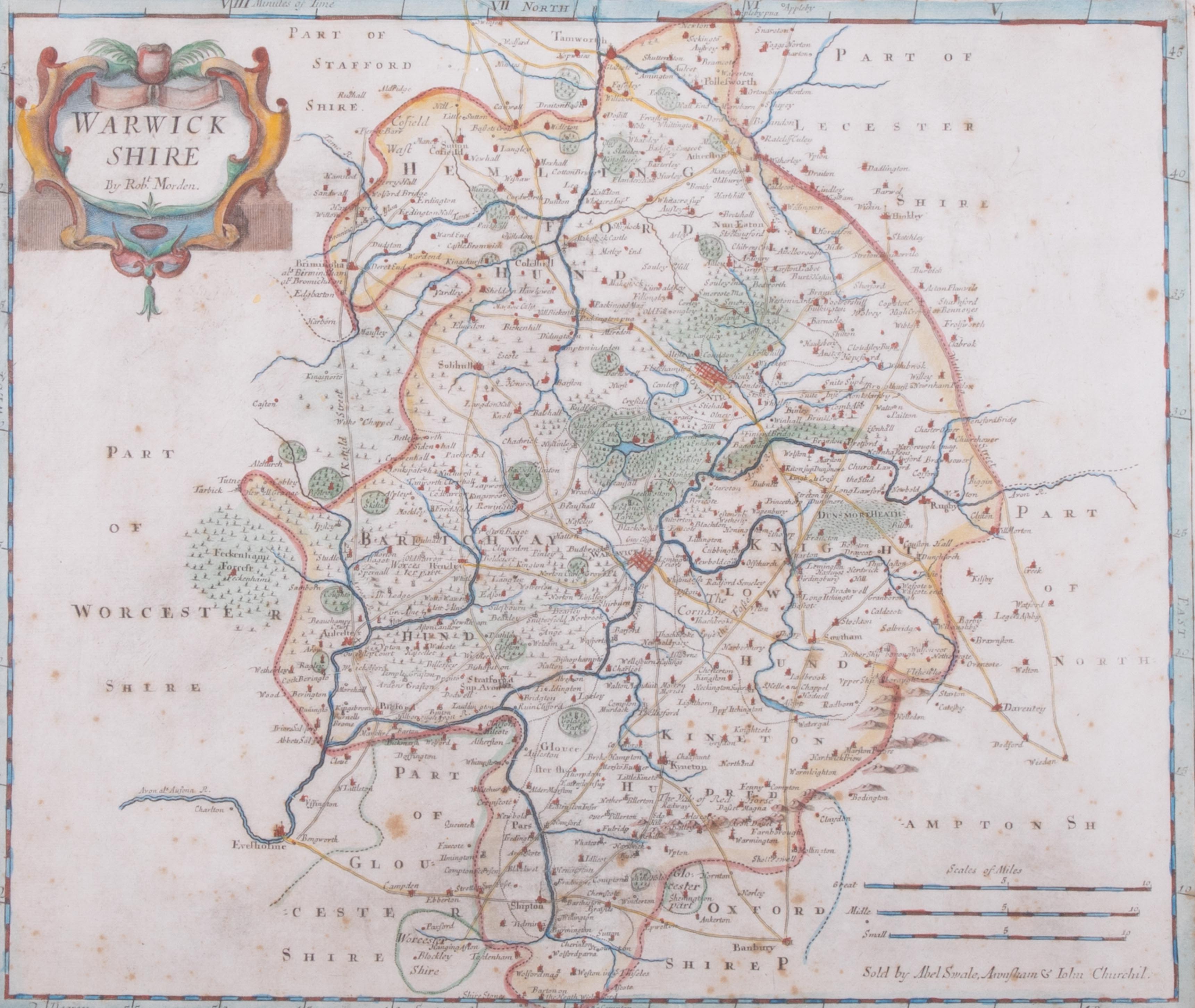 Robert Morden, a map of Warwickshire, sold by Abel Swale, 37cm x 43cm, framed and glazed. - Image 2 of 2