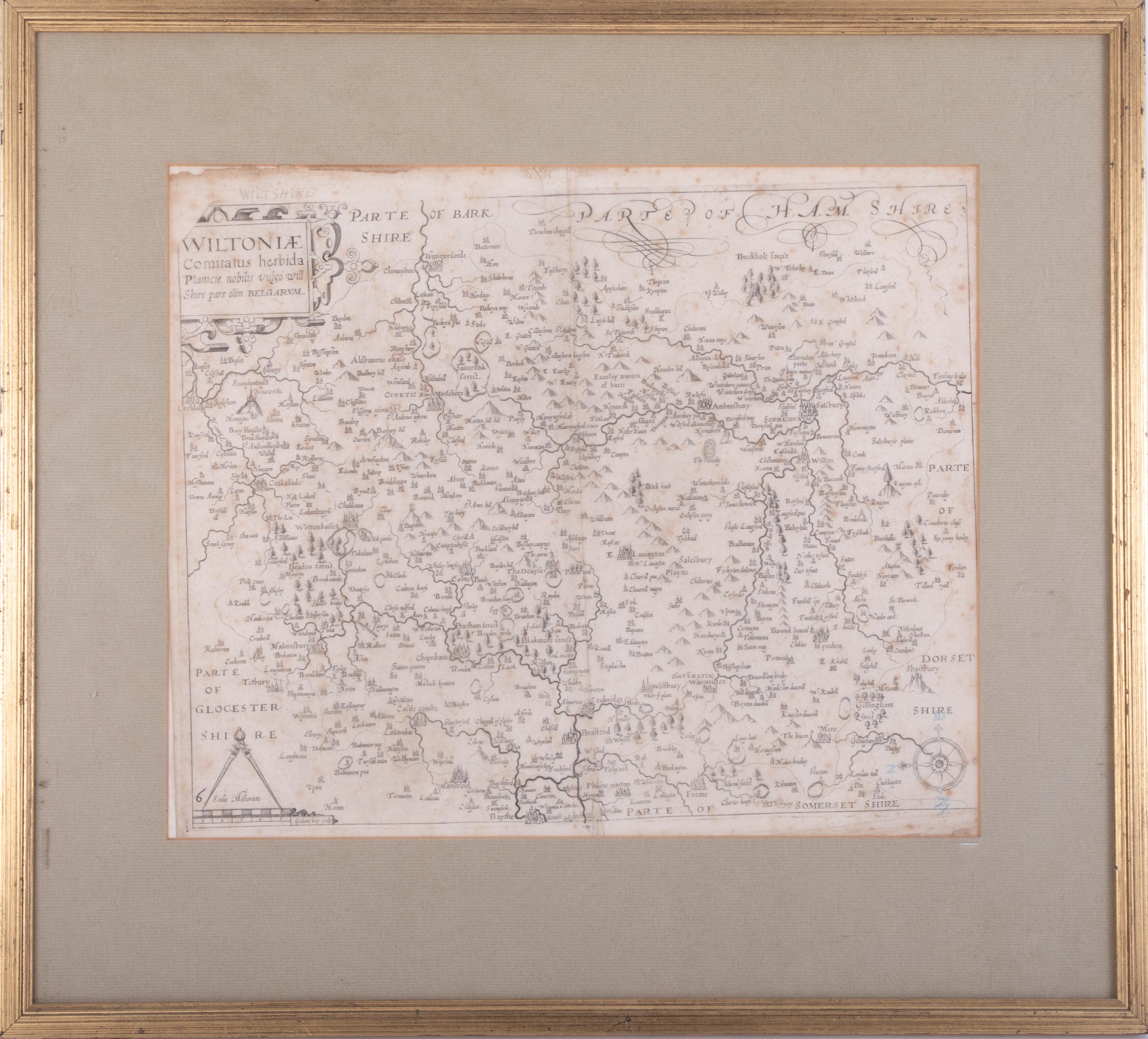 An 18th century map, Wiltshire (Wiltoniae), 28cm x 35cm, framed and glazed.