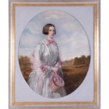 Oil on canvas, unsigned, 19th Century portrait of a Rebecca Southam, in white & pink dress with