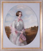 Oil on canvas, unsigned, 19th Century portrait of a Rebecca Southam, in white & pink dress with