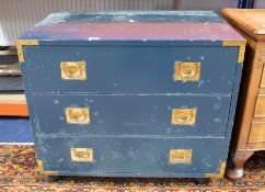 A blue Military style small chest fitted with three drawers with brass recess handles, width 70cm,