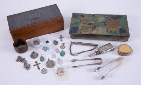 An oak and pewter box containing various items of costume jewellery, medallions and another box