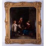 Irish School?, oil on canvas, unsigned, interior scene, three figures and a dog seated in a cottage,