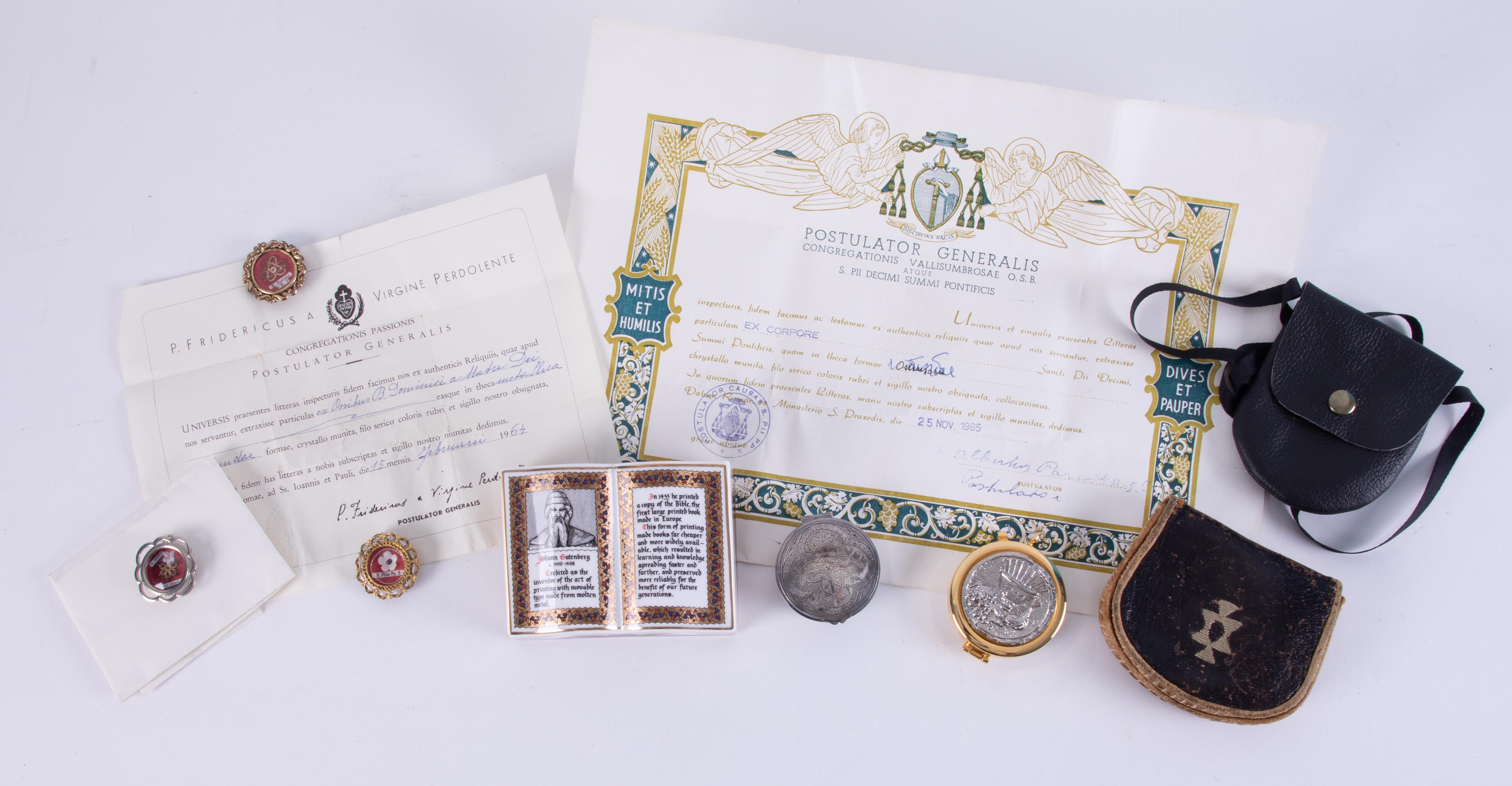 Religious medallions awarded circa 1965 with certificates, Millennium celebration paperweight by