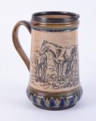 Florence E. Barlow, a Victorian Doulton Lambeth jug decorated with horses and silver rim, height