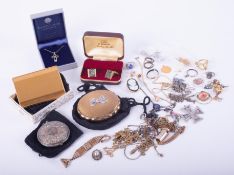 An interesting bag of mixed items to include costume jewellery, a Kigu vintage cigarette case in