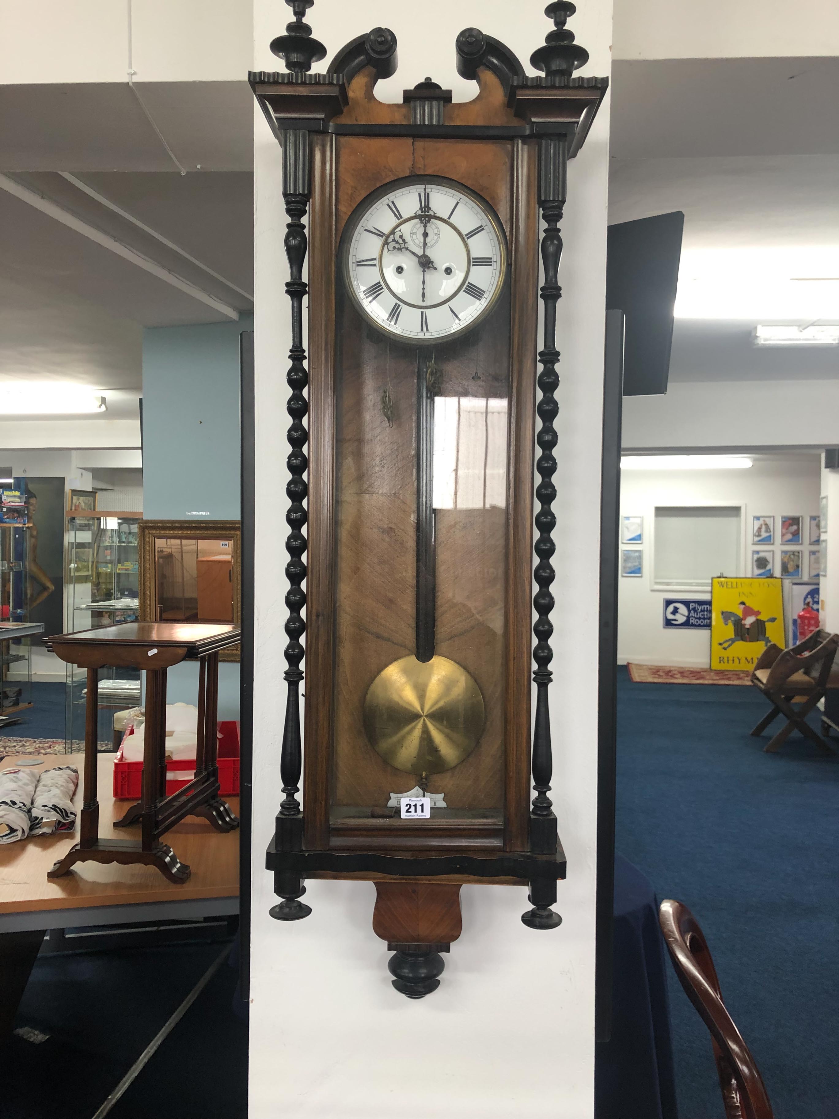 A Vienna type walnut and mahogany cased wall clock, with train movement, swan neck pediment, - Image 2 of 8