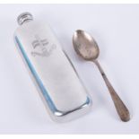 A pewter special boat squadron hip flask, boxed, together with a silver spoon (2).