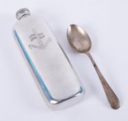 A pewter special boat squadron hip flask, boxed, together with a silver spoon (2).