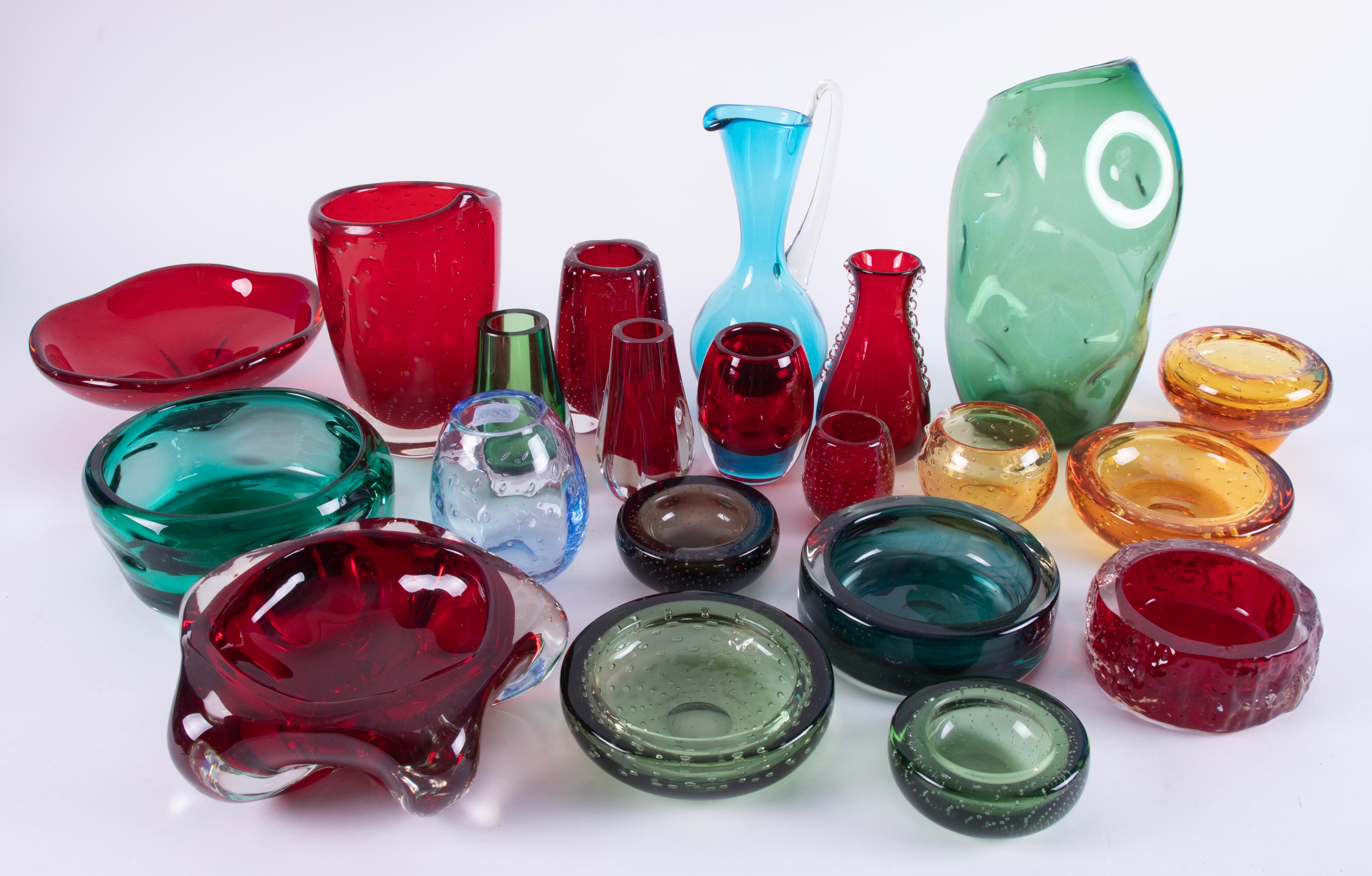 A collection of coloured Whitefriars and other glassware, approximately 20 pieces.