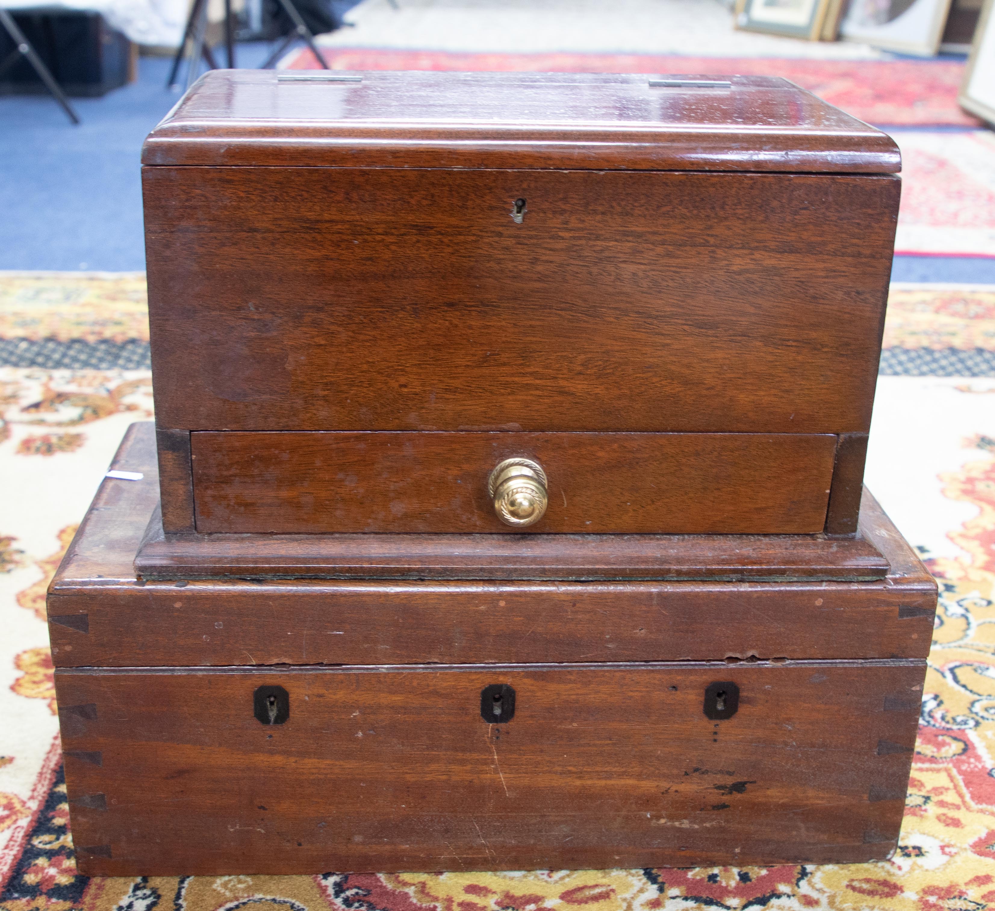 A polished mahogany box together with a triple lock deed box, approximately 51cm long, height