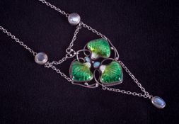 An impressive Newlyn enamel silver necklace of Art Nouveau style with green enamelling and set