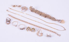 A mixed lot of 9ct yellow gold items to include a gate bracelet, twisted rope design bracelet,