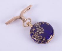 An 18ct yellow gold ladies pocket watch with blue enamelling and a flower design set with old cut