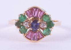 An 18ct yellow gold Art Deco style ring set with a central oval cut sapphire, approx. 0.20 carats,