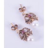 A pair of antique 9ct yellow gold bow design drop earrings set with a 7mm cultured pearl, round