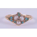 An antique yellow gold ring (no hallmarks & not tested) set with turquoise, pearls & a tiny old